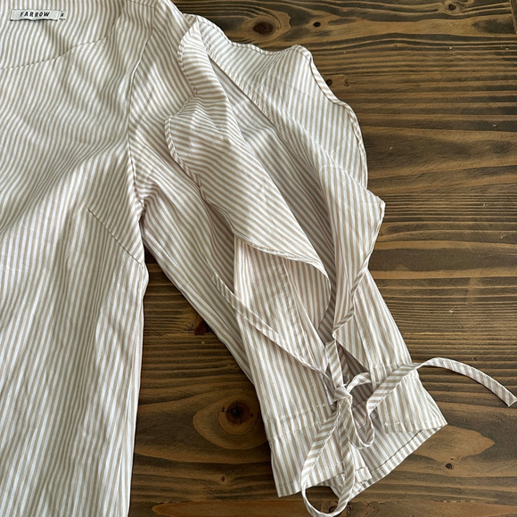 Farrow Women’s White Beige Striped Puff Sleeve Blouse Size M – Open Tie Sleeves - Picture 5 of 7